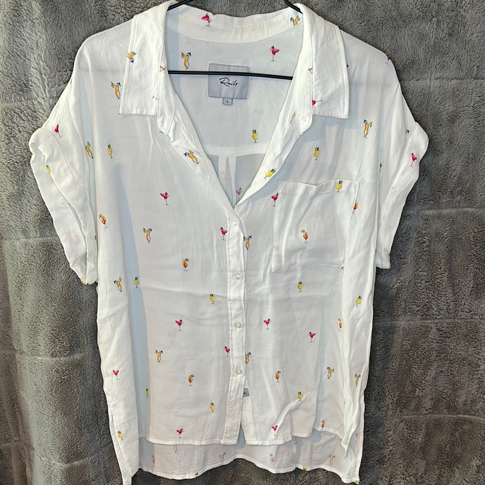 Rails White Short-Sleeve Button-Down Shirt with Pink & Yellow Icons